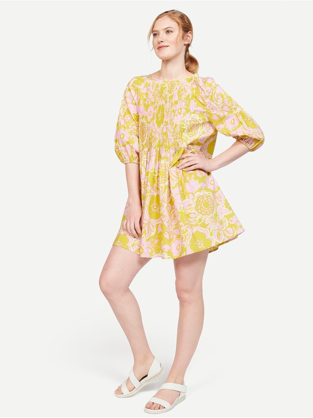 WHIT Organic Cotton Floral Pintuck Mini Dress in Yellow-Pink